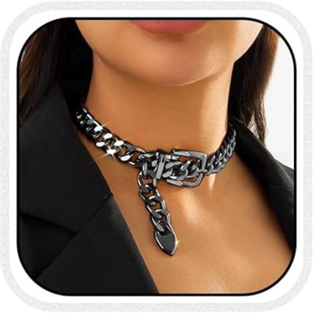 Chunky Black Chain Belt Buckle Necklace Statement Piece